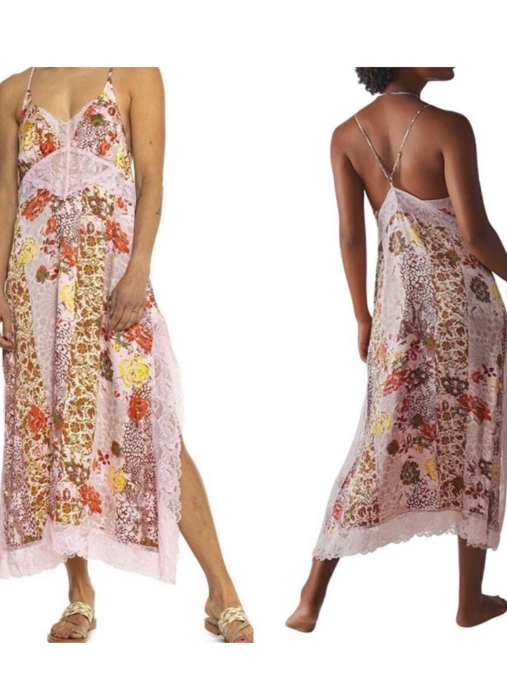 NWOT Free People "Right Now" Midi Slip Floral Dress Pink Brown Lace Trim Sz M